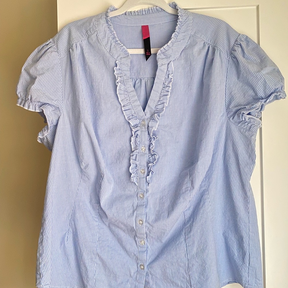 Cotton Blue&White Ruffle Short sleeve Pin Striped 3X Popover Blouse Capsule